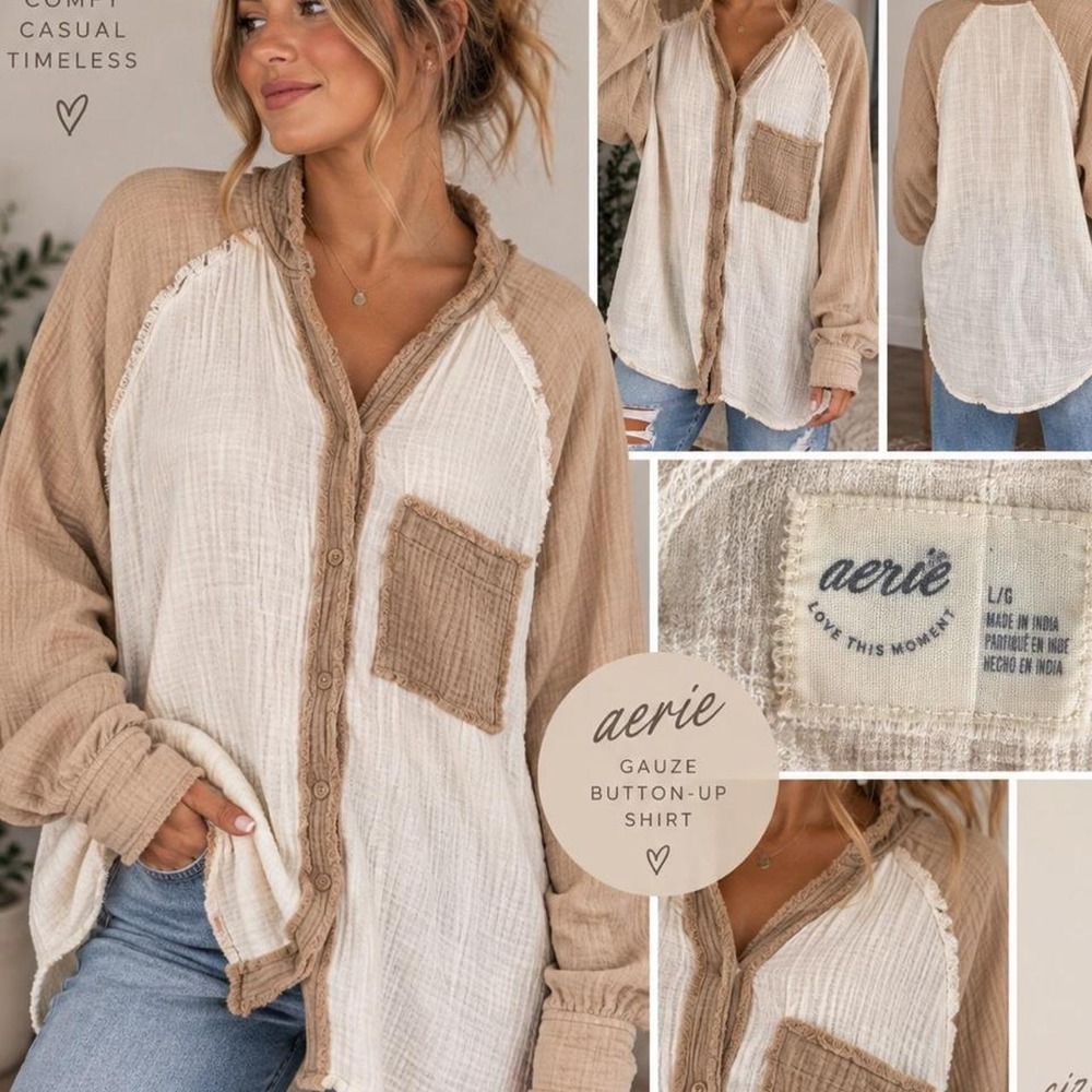 Aerie Gauze Button-Up Shirt — Size Large 🤎🤍